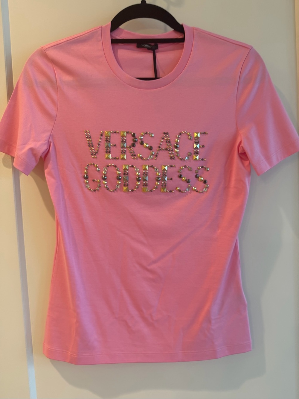 Versace Pink 'Versace Goddess' Studded Short Sleeve Tee